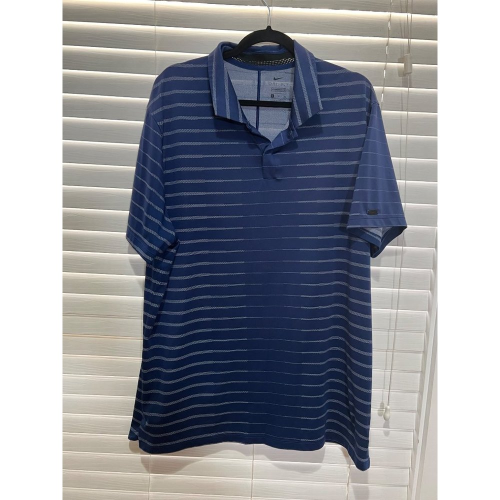 Nike Tiger Woods Golf Polo Striped XL Blue Dri-FIT Short Sleeve Shirt